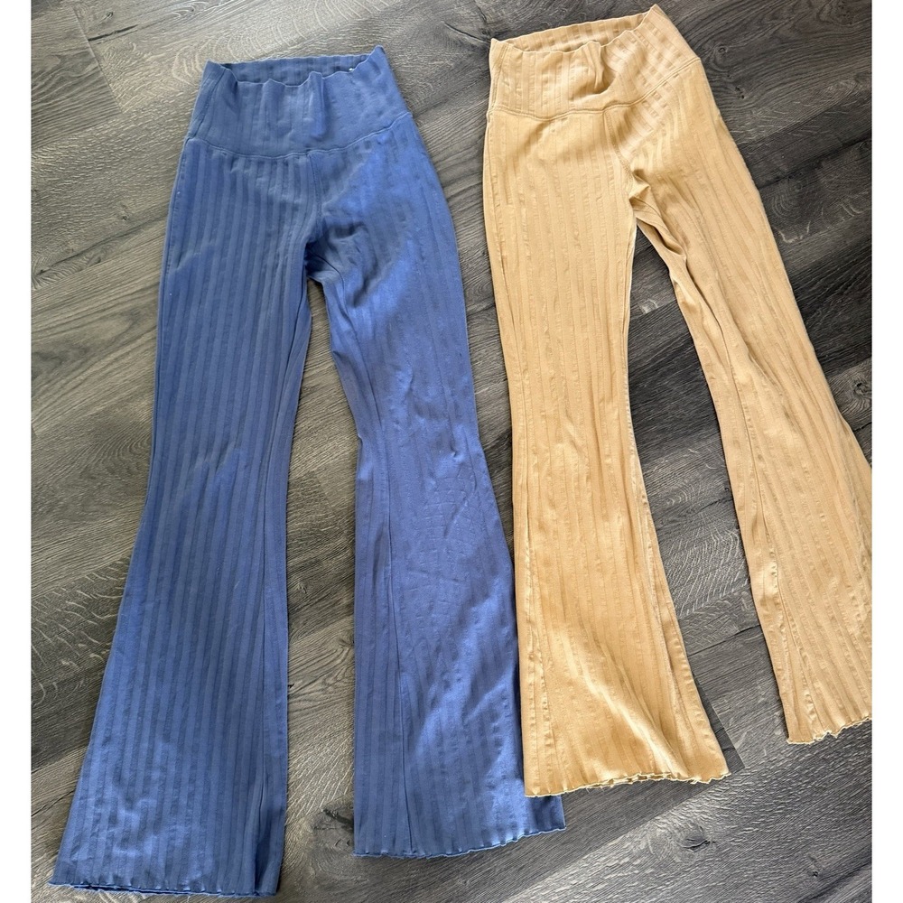 2 Pair Aerie American Eagle Flare ribbed Leggings Yellow And Blue Size Small